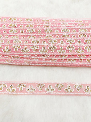 Wholesale Peach Net Lace Floral Embroidery & Glitter Gold Sequins, Indian Wedding Border, Gifting Ribbon Costume Trim Fashion Trimming